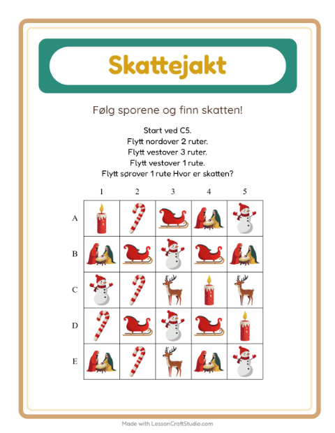 Forhåndsvisning av Skattejakt-arbeidsark med Jul for 1. trinn