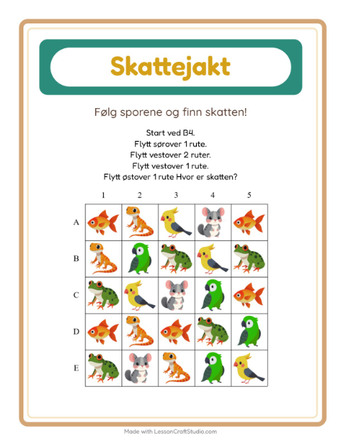 Forhåndsvisning av Skattejakt-arbeidsark med Kjæledyr for 1. trinn