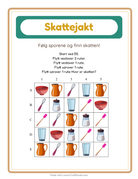 Forhåndsvisning av Skattejakt-arbeidsark med Kjøkkenredskaper for 1. trinn