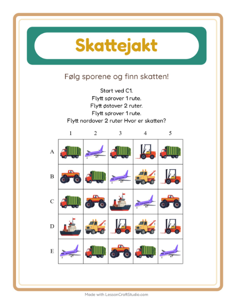 Forhåndsvisning av Skattejakt-arbeidsark med Kjøretøy for 1. trinn