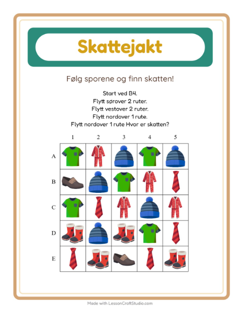 Forhåndsvisning av Skattejakt-arbeidsark med Klær for 1. trinn