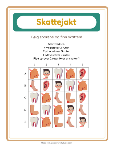 Forhåndsvisning av Skattejakt-arbeidsark med Kroppsdeler for 1. trinn
