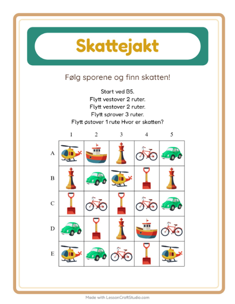 Forhåndsvisning av Skattejakt-arbeidsark med Leker for 1. trinn