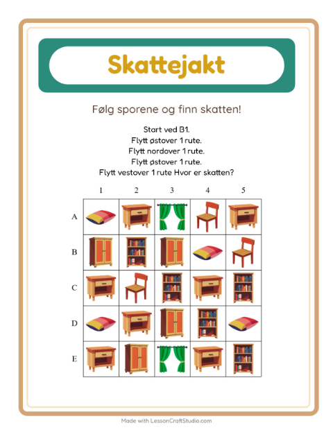 Forhåndsvisning av Skattejakt-arbeidsark med Møbler for 1. trinn