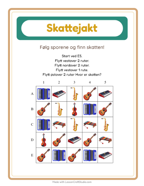 Forhåndsvisning av Skattejakt-arbeidsark med Musikk for 1. trinn
