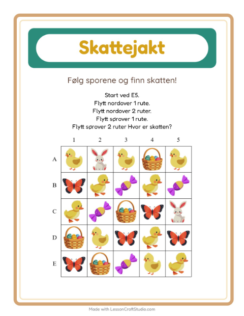 Forhåndsvisning av Skattejakt-arbeidsark med Påske for 1. trinn