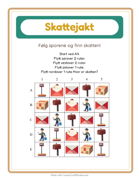Forhåndsvisning av Skattejakt-arbeidsark med Postkontor for 1. trinn