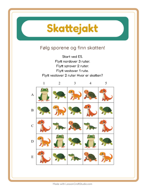 Forhåndsvisning av Skattejakt-arbeidsark med Reptiler og amfibier for 1. trinn