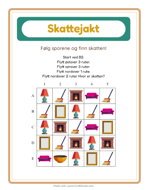 Forhåndsvisning av Skattejakt-arbeidsark med Rundt i huset for 1. trinn