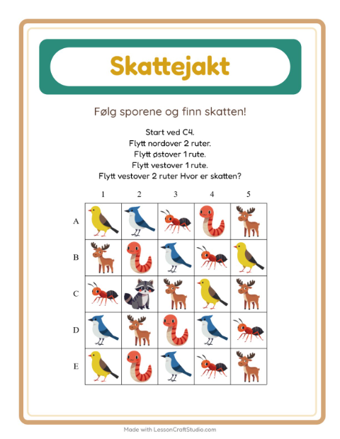 Forhåndsvisning av Skattejakt-arbeidsark med Skogsdyr for 1. trinn