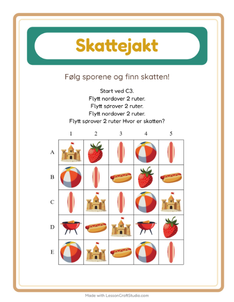 Forhåndsvisning av Skattejakt-arbeidsark med Sommer for 1. trinn