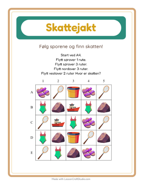 Forhåndsvisning av Skattejakt-arbeidsark med Strand for 1. trinn