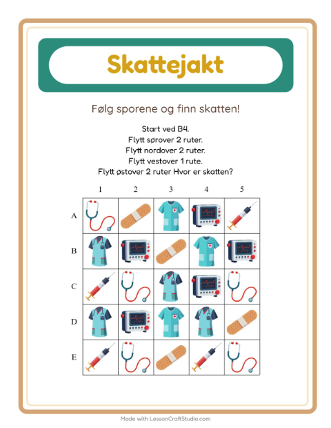 Forhåndsvisning av Skattejakt-arbeidsark med Sykehus for 1. trinn