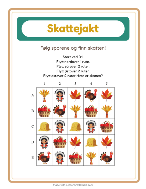 Forhåndsvisning av Skattejakt-arbeidsark med Thanksgiving for 1. trinn