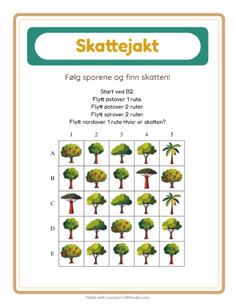 Forhåndsvisning av Skattejakt-arbeidsark med Trær for 1. trinn