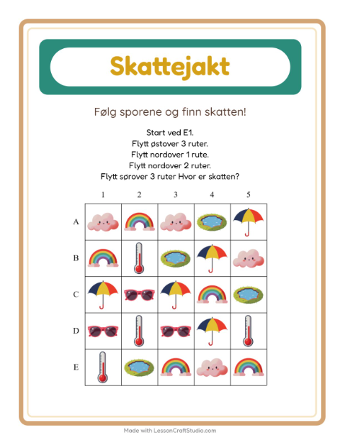 Forhåndsvisning av Skattejakt-arbeidsark med Vær for 1. trinn
