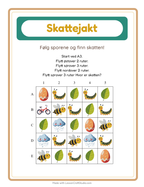 Forhåndsvisning av Skattejakt-arbeidsark med Vår for 1. trinn