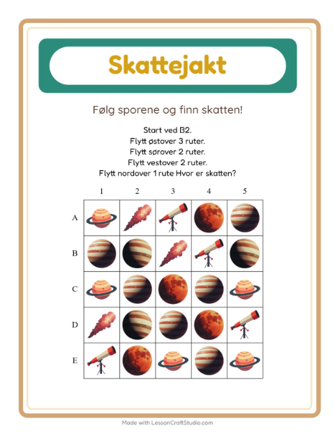 Forhåndsvisning av Skattejakt-arbeidsark med Verdensrommet for 1. trinn