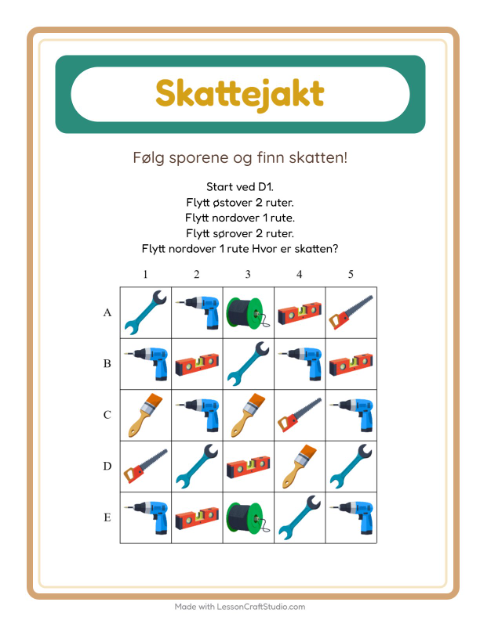 Forhåndsvisning av Skattejakt-arbeidsark med Verktøy for 1. trinn