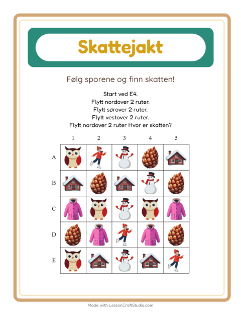 Forhåndsvisning av Skattejakt-arbeidsark med Vinter for 1. trinn