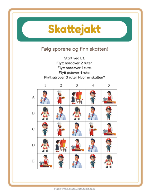 Forhåndsvisning av Skattejakt-arbeidsark med Yrker for 1. trinn