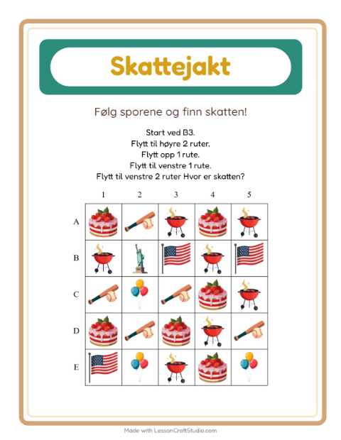 Forhåndsvisning av Skattejakt-arbeidsark med 4. juli for 1. trinn