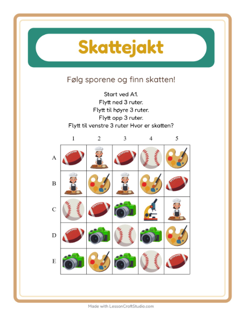 Forhåndsvisning av Skattejakt-arbeidsark med Aktiviteter for 1. trinn