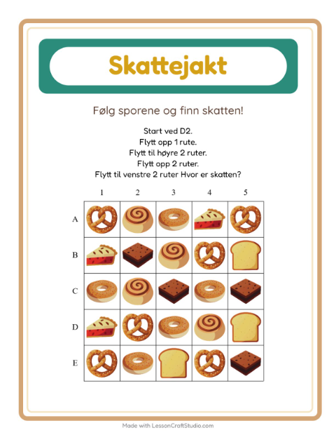 Forhåndsvisning av Skattejakt-arbeidsark med Bakeri for 1. trinn
