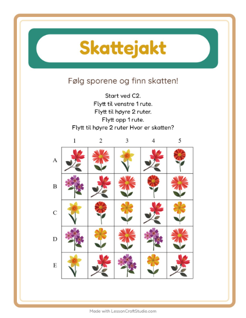 Forhåndsvisning av Skattejakt-arbeidsark med Blomster for 1. trinn