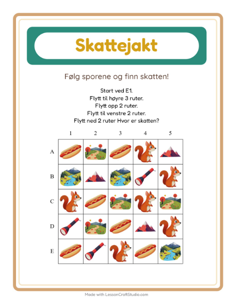 Forhåndsvisning av Skattejakt-arbeidsark med Camping for 1. trinn