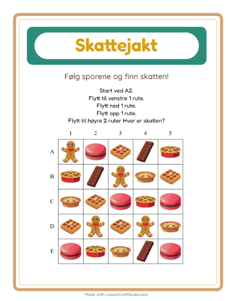 Forhåndsvisning av Skattejakt-arbeidsark med Desserter og godteri for 1. trinn