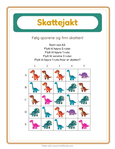 Forhåndsvisning av Skattejakt-arbeidsark med Dinosaurer for 1. trinn