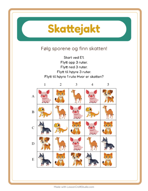 Forhåndsvisning av Skattejakt-arbeidsark med Dyr for 1. trinn
