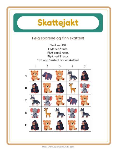 Forhåndsvisning av Skattejakt-arbeidsark med Dyrehagedyr for 1. trinn