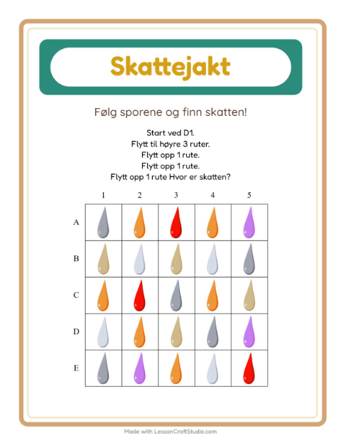 Forhåndsvisning av Skattejakt-arbeidsark med Farger for 1. trinn