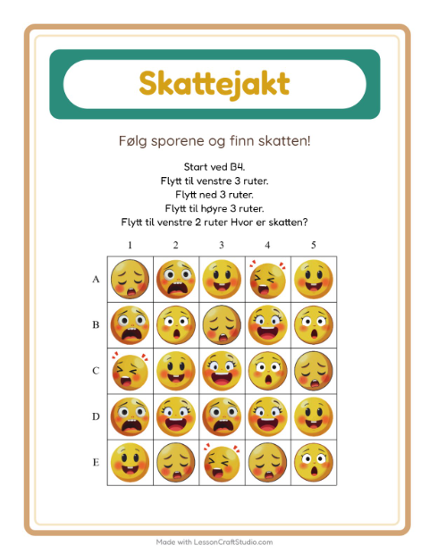 Forhåndsvisning av Skattejakt-arbeidsark med Følelser for 1. trinn