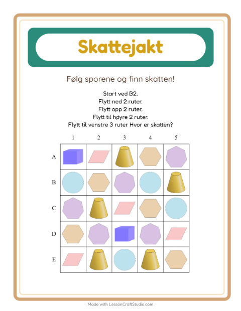 Forhåndsvisning av Skattejakt-arbeidsark med Former for 1. trinn