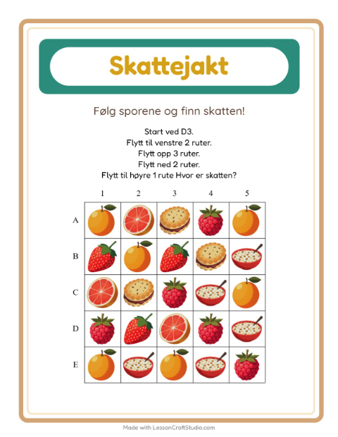 Forhåndsvisning av Skattejakt-arbeidsark med Frokost for 1. trinn