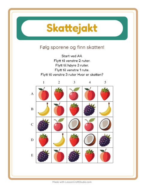 Forhåndsvisning av Skattejakt-arbeidsark med Frukter for 1. trinn
