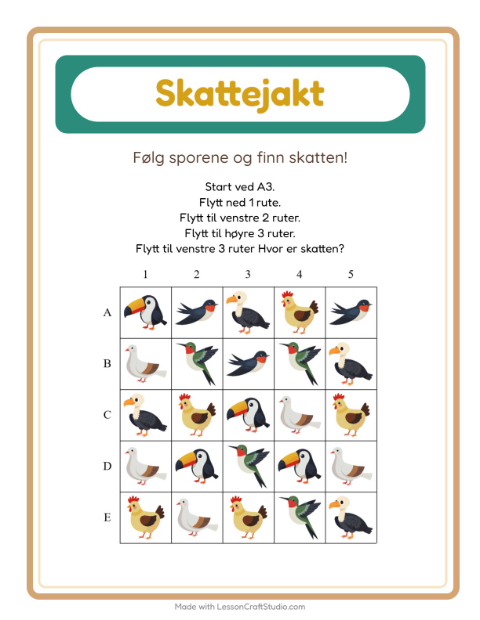 Forhåndsvisning av Skattejakt-arbeidsark med Fugler 2 for 1. trinn