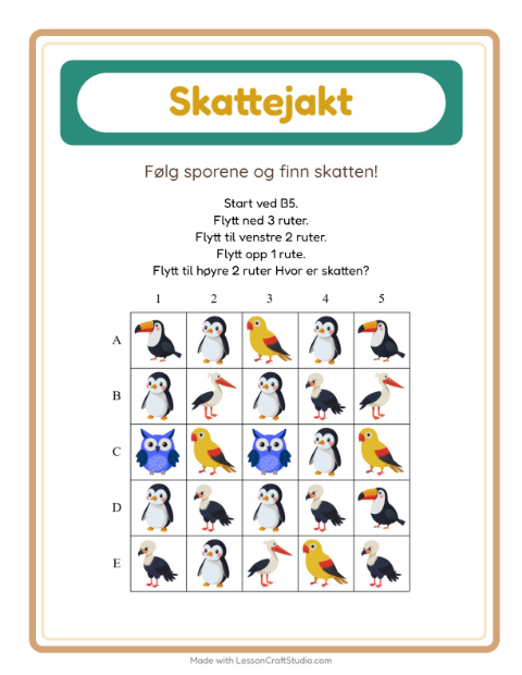 Forhåndsvisning av Skattejakt-arbeidsark med Fugler for 1. trinn