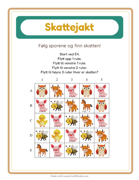 Forhåndsvisning av Skattejakt-arbeidsark med Gårdsdyr for 1. trinn
