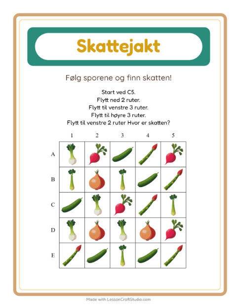 Forhåndsvisning av Skattejakt-arbeidsark med Grønnsaker for 1. trinn