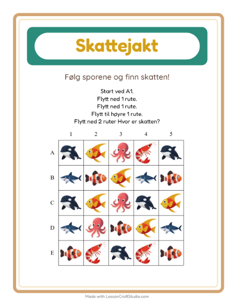 Forhåndsvisning av Skattejakt-arbeidsark med Havliv for 1. trinn