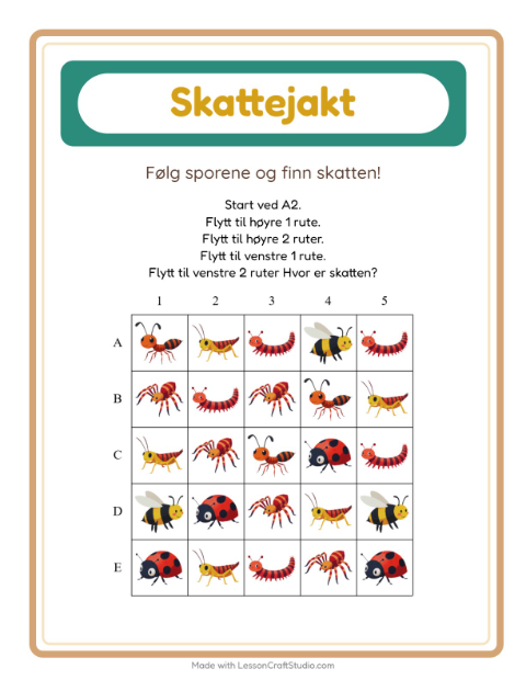 Forhåndsvisning av Skattejakt-arbeidsark med Insekter og kryp for 1. trinn