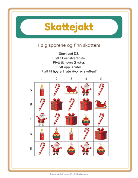 Forhåndsvisning av Skattejakt-arbeidsark med Jul for 1. trinn