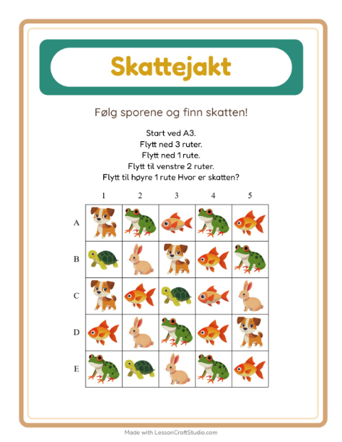 Forhåndsvisning av Skattejakt-arbeidsark med Kjæledyr for 1. trinn