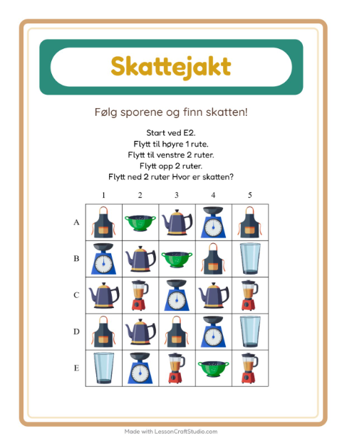 Forhåndsvisning av Skattejakt-arbeidsark med Kjøkkenredskaper for 1. trinn