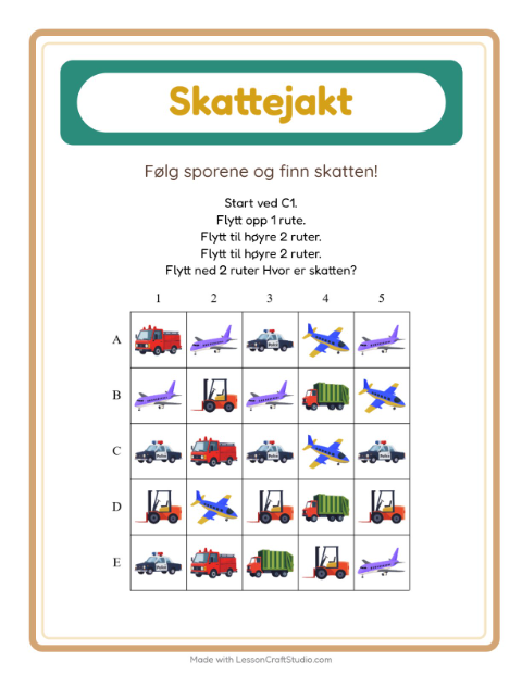 Forhåndsvisning av Skattejakt-arbeidsark med Kjøretøy for 1. trinn