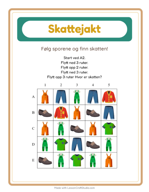 Forhåndsvisning av Skattejakt-arbeidsark med Klær for 1. trinn
